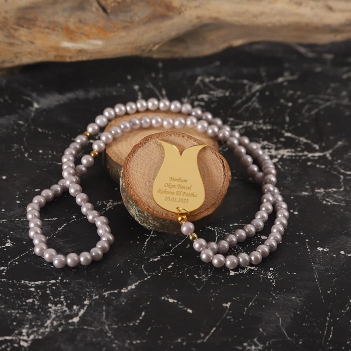 İsme Özel İnci Tesbih Gri