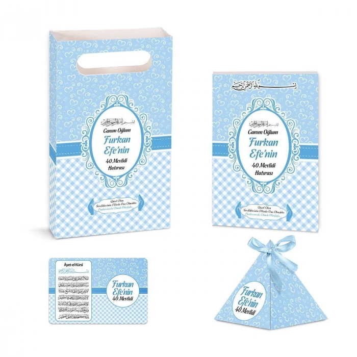 Kalp Model Mavi Renkli Yasin Kitabı, Piramit Külah, Ayet-el Kürsi Magnet, Karton Çanta
