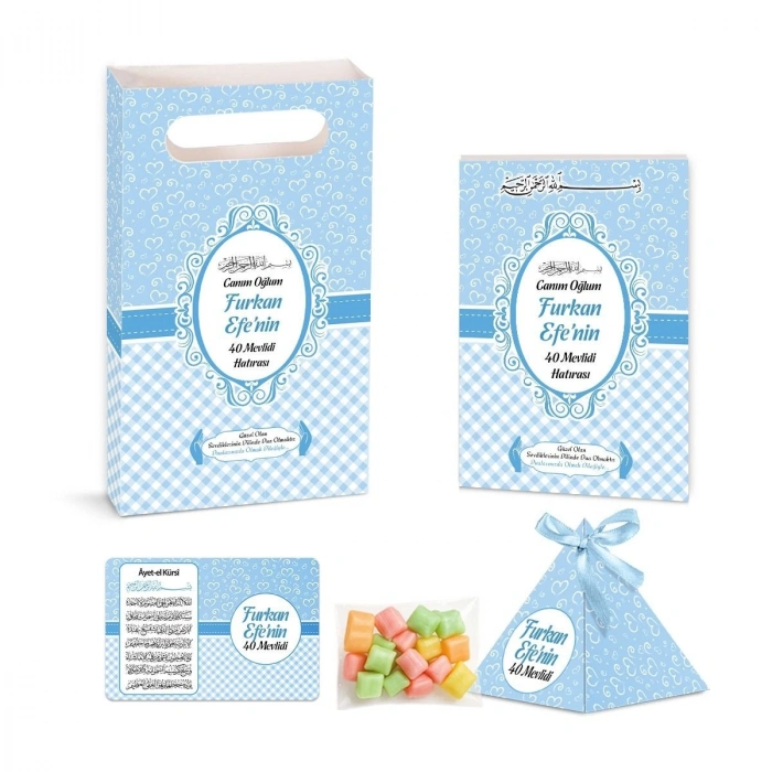 Kalp Model Mavi Renkli Yasin Kitabı, Piramit Külah, Mevlüt Şekeri, Ayet-el Kürsi Magnet, Karton Çanta