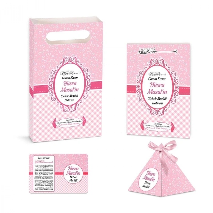 Kalp Model Pembe Renkli Yasin Kitabı, Piramit Külah, Ayet-el Kürsi Magnet, Karton Çanta