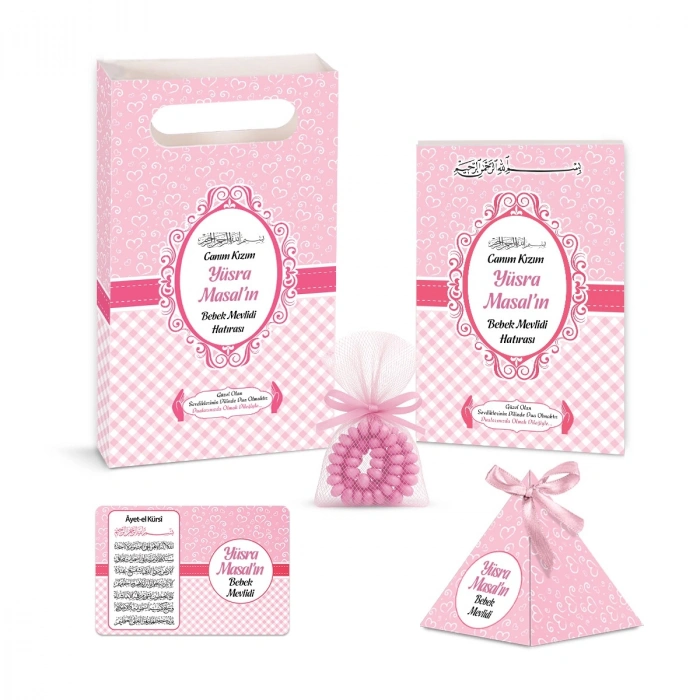 Kalp Model Pembe Renkli Yasin Kitabı, Piramit Külah, Ayet-el Kürsi Magnet, Karton Çanta ve Tesbih