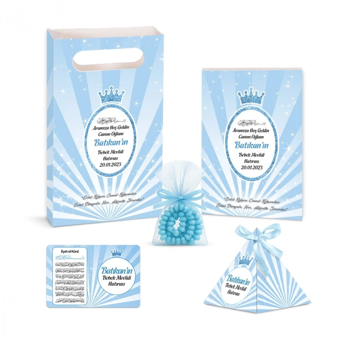 Taç Model Mavi Renkli Yasin Kitabı, Piramit Külah, Ayet-el Kürsi Magnet, Karton Çanta ve Tesbih