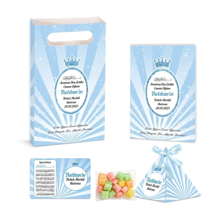 Taç Model Mavi Renkli Yasin Kitabı, Piramit Külah, Mevlüt Şekeri, Ayet-el Kürsi Magnet, Karton Çanta