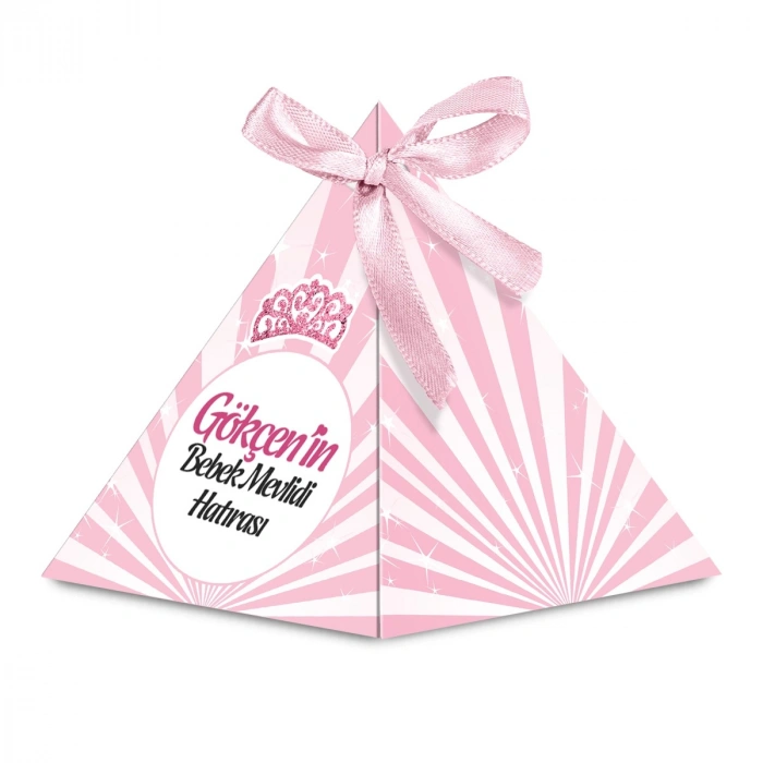Taç Model Pembe Renkli Mevlüt Şekeri İçin İsme Özel Piramit Külah