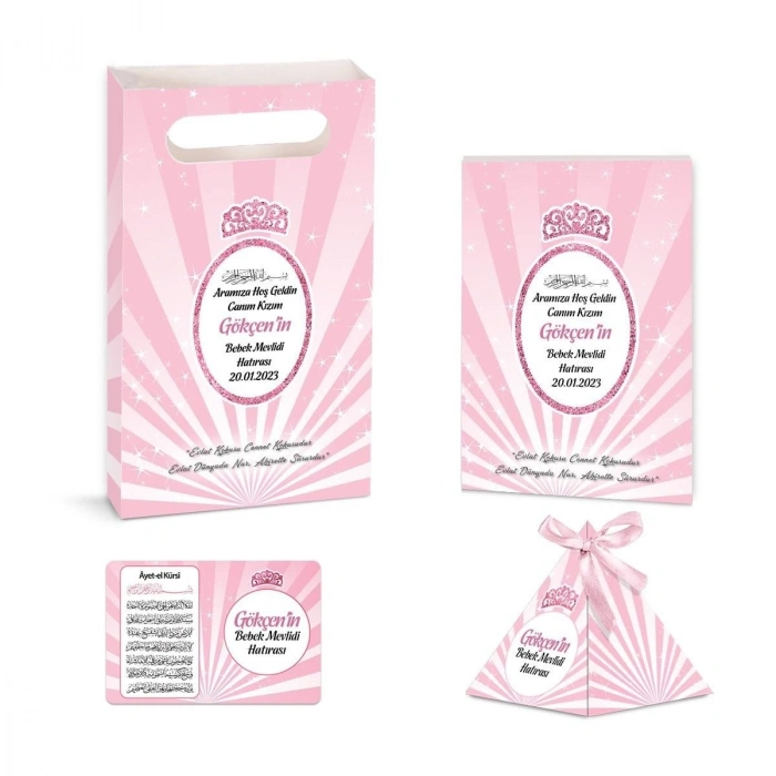 Taç Model Pembe Renkli Yasin Kitabı, Piramit Külah, Ayet-el Kürsi Magnet, Karton Çanta