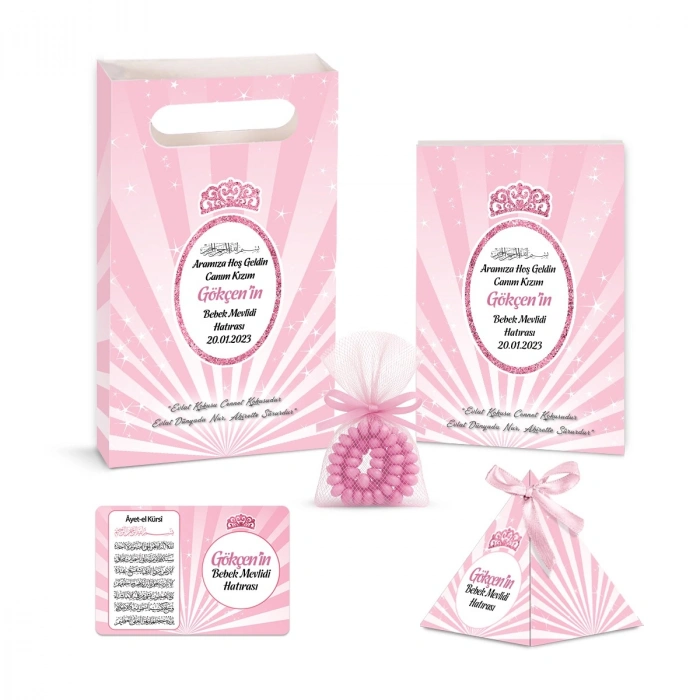 Taç Model Pembe Renkli Yasin Kitabı, Piramit Külah, Ayet-el Kürsi Magnet, Karton Çanta ve Tesbih