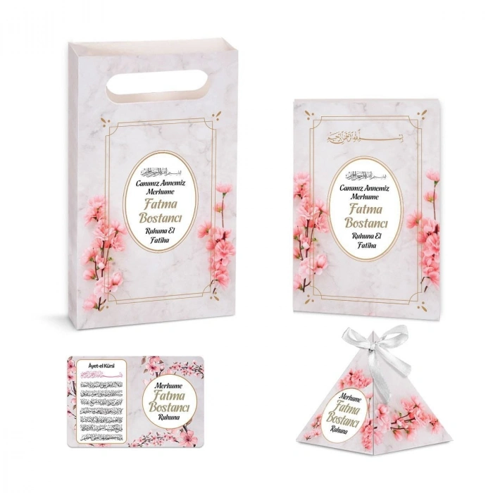 Zerafet Model Pembe Renkli Yasin Kitabı, Piramit Külah, Ayet-el Kürsi Magnet, Karton Çanta