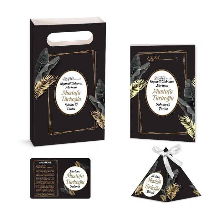 Zerafet Model Siyah Renkli Yasin Kitabı, Piramit Külah, Ayet-el Kürsi Magnet, Karton Çanta