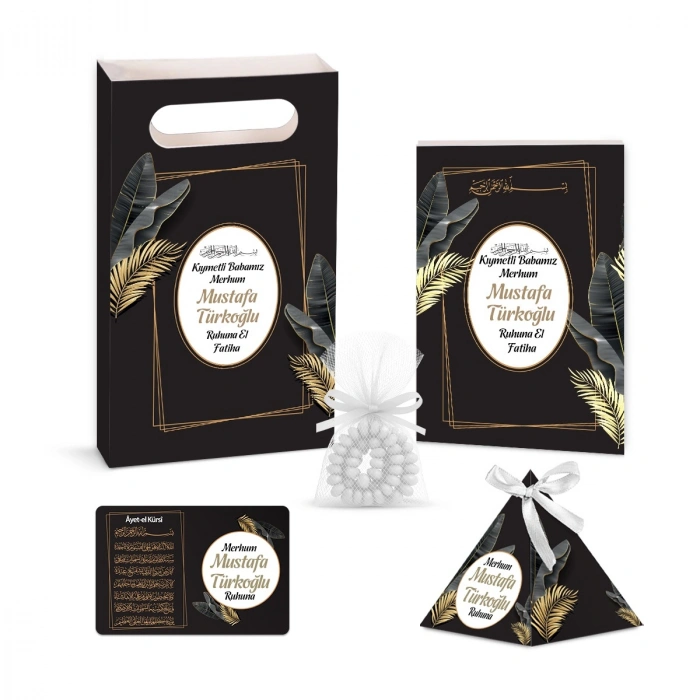 Zerafet Model Siyah Renkli Yasin Kitabı, Piramit Külah, Ayet-el Kürsi Magnet, Karton Çanta ve Tesbih