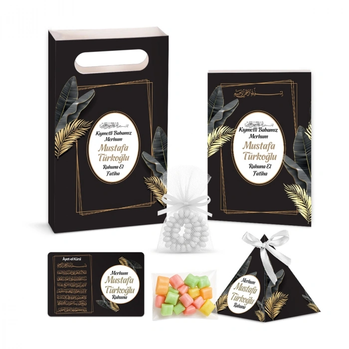 Zerafet Model Siyah Renkli Yasin Kitabı, Piramit Külah, Mevlüt Şekeri, Ayet-el Kürsi Magnet, Karton Çanta ve Tesbih