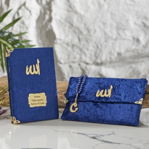 64 Sayfa Lacivert Çanta ve İnci Tesbihli Kadife Yasin