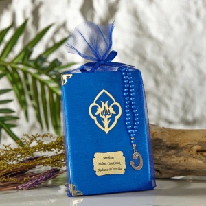 64 Sayfa Saks Mavisi Kese ve İnci Tesbihli Şantuk Yasin