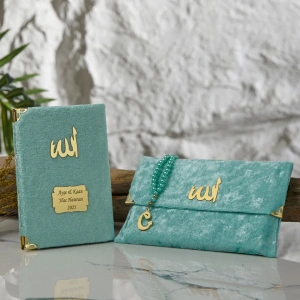 64 Sayfa Su Yeşili Çanta ve İnci Tesbihli Kadife Yasin