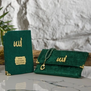 64 Sayfa Zümrüt Çanta ve İnci Tesbihli Kadife Yasin