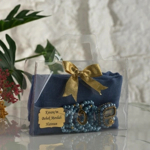 Asetat Çanta İçerisinde İsme Özel Mavi Renkli Eşarp, Tesbih ve Zikirmatik Seti