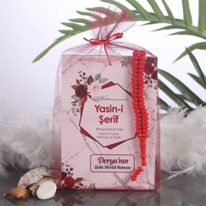 Altıgen Kırmızı Tül Kese + Yasin + Tesbih