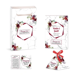 Altıgen Model Kırmızı Renkli Yasin Kitabı, Piramit Külah, Ayet-el Kürsi Magnet, Karton Çanta