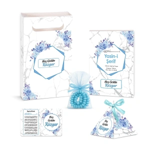 Altıgen Model Mavi Renkli Yasin Kitabı, Piramit Külah, Ayet-el Kürsi Magnet, Karton Çanta ve Tesbih