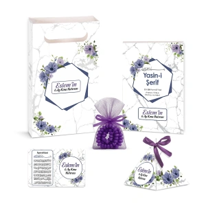 Altıgen Model Mor Renkli Yasin Kitabı, Piramit Külah, Ayet-el Kürsi Magnet, Karton Çanta ve Tesbih