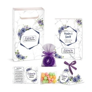 Altıgen Model Mor Renkli Yasin Kitabı, Piramit Külah, Mevlüt Şekeri, Ayet-el Kürsi Magnet, Karton Çanta ve Tesbih