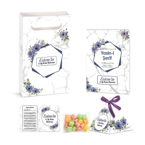 Altıgen Model Mor Renkli Yasin Kitabı, Piramit Külah, Mevlüt Şekeri, Ayet-el Kürsi Magnet, Karton Çanta