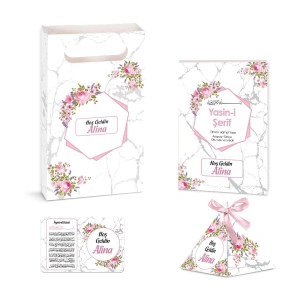 Altıgen Model Pembe Renkli Yasin Kitabı, Piramit Külah, Ayet-el Kürsi Magnet, Karton Çanta