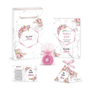 Altıgen Model Pembe Renkli Yasin Kitabı, Piramit Külah, Ayet-el Kürsi Magnet, Karton Çanta ve Tesbih