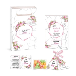 Altıgen Model Pembe Renkli Yasin Kitabı, Piramit Külah, Mevlüt Şekeri, Ayet-el Kürsi Magnet, Karton Çanta