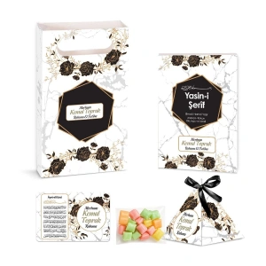 Altıgen Model Siyah Renkli Yasin Kitabı, Piramit Külah, Mevlüt Şekeri, Ayet-el Kürsi Magnet, Karton Çanta