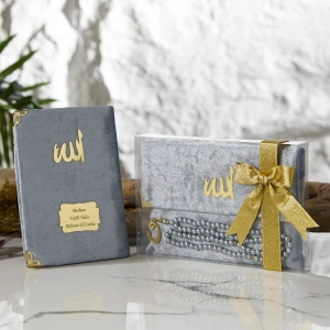 Asetat Kutuda Kadife Kumaş Kaplı Çanta + İnci Gri Renkli Kadife Yasin Kitabı Ve Tesbih Seti