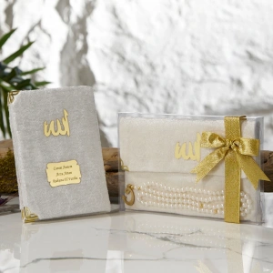 Asetat Kutuda Kadife Kumaş Kaplı Çanta + İnci Krem Renkli Kadife Yasin Kitabı Ve Tesbih Seti