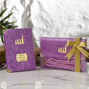 Asetat Kutuda Kadife Kumaş Kaplı Çanta + İnci Lila Renkli Kadife Yasin Kitabı Ve Tesbih Seti