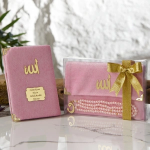 Asetat Kutuda Kadife Kumaş Kaplı Çanta + İnci Pembe Renkli Kadife Yasin Kitabı Ve Tesbih Seti