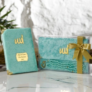 Asetat Kutuda Kadife Kumaş Kaplı Çanta + İnci Su Yeşili Renkli Kadife Yasin Kitabı Ve Tesbih Seti