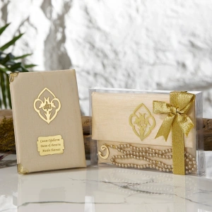 Asetat Kutuda Şantuk Kumaş Kaplı Çanta + İnci Tesbihli Gold Renkli Şantuk Yasin Kitabı Seti