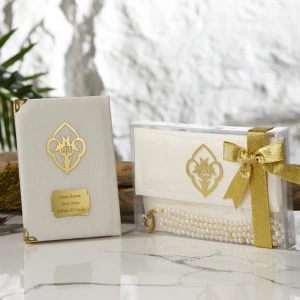 Asetat Kutuda Şantuk Kumaş Kaplı Çanta + İnci Tesbihli Krem Renkli Şantuk Yasin Kitabı Seti