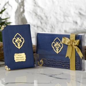 Asetat Kutuda Şantuk Kumaş Kaplı Çanta + İnci Tesbihli Lacivert Renkli Şantuk Yasin Kitabı Seti