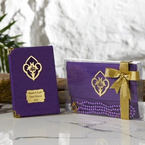 Asetat Kutuda Şantuk Kumaş Kaplı Çanta + İnci Tesbihli Mor Renkli Şantuk Yasin Kitabı Seti