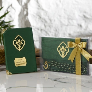 Asetat Kutuda Şantuk Kumaş Kaplı Çanta + İnci Tesbihli Zümrüt Renkli Şantuk Yasin Kitabı Seti