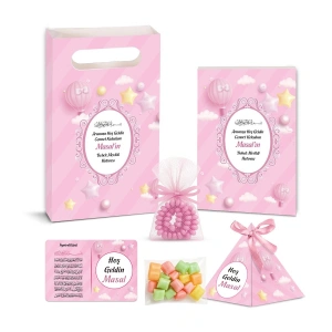 Balon Model Pembe Renkli Yasin Kitabı, Piramit Külah, Mevlüt Şekeri, Ayet-el Kürsi Magnet, Karton Çanta ve Tesbih