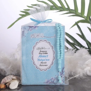 Çiçek Mavi Tül Kese + Yasin + Tesbih