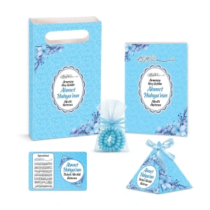 Çiçek Model Mavi Renkli Yasin Kitabı, Piramit Külah, Ayet-el Kürsi Magnet, Karton Çanta ve Tesbih