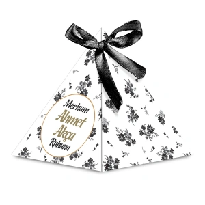 Çizgi Model Siyah Renkli Mevlüt Şekeri İçin İsme Özel Piramit Külah