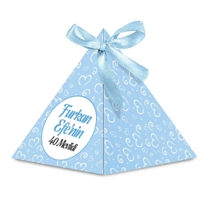 Kalp Model Mavi Renkli Mevlüt Şekeri İçin İsme Özel Piramit Külah