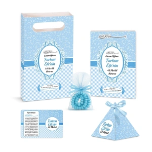 Kalp Model Mavi Renkli Yasin Kitabı, Piramit Külah, Ayet-el Kürsi Magnet, Karton Çanta ve Tesbih