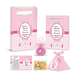 Kalp Model Pembe Renkli Yasin Kitabı, Piramit Külah, Mevlüt Şekeri, Ayet-el Kürsi Magnet, Karton Çanta ve Tesbih