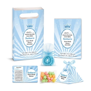 Taç Model Mavi Renkli Yasin Kitabı, Piramit Külah, Mevlüt Şekeri, Ayet-el Kürsi Magnet, Karton Çanta ve Tesbih