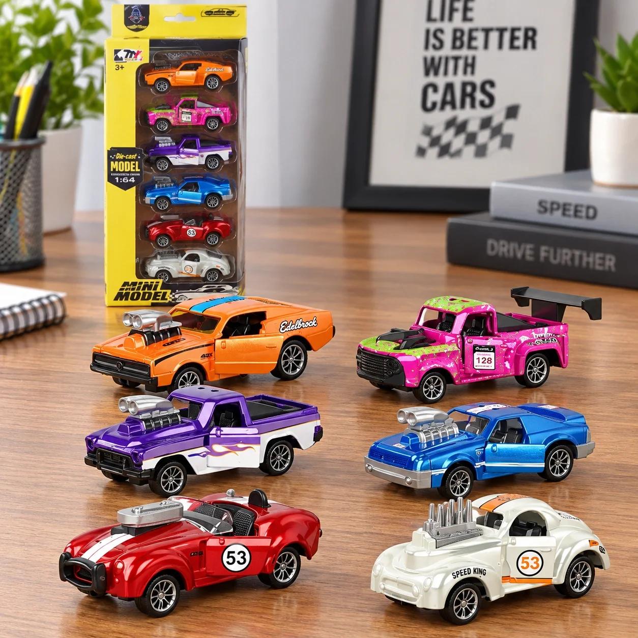 6 Adet Çek Bırak Mini Model Metal Klasik Araba 1:64