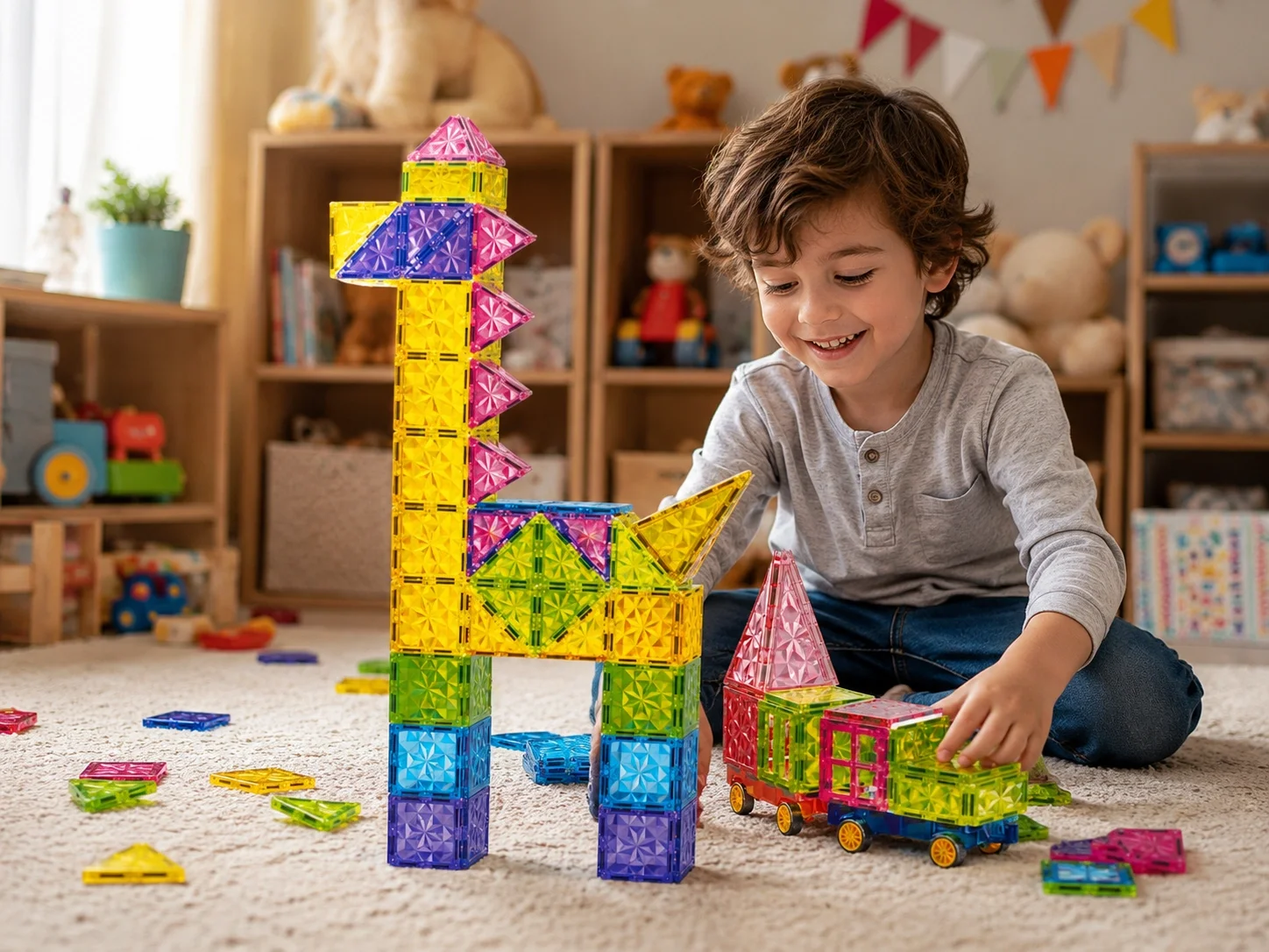 123 Parça 7,5 Cm Manyetik Yapı Blokları | Tekerlekli Renkli Manyetik İnşa Seti