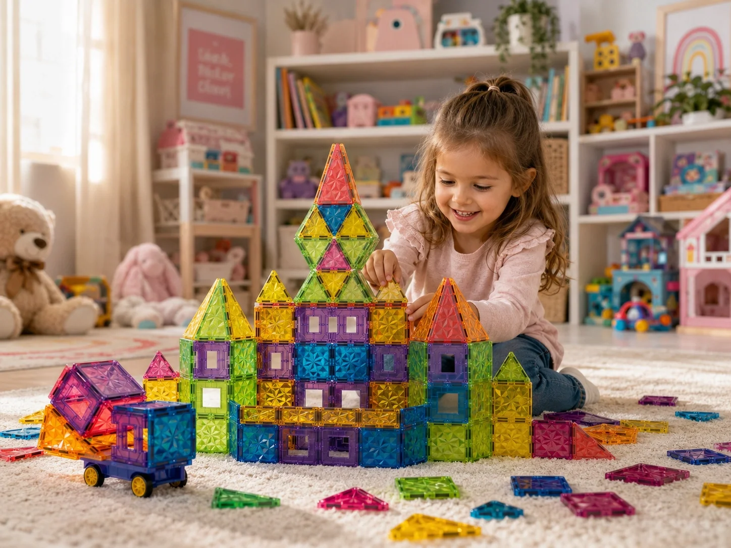125 Parça 7,5 Cm Manyetik Yapı Blokları | Renkli Tekerlekli Manyetik İnşa Seti